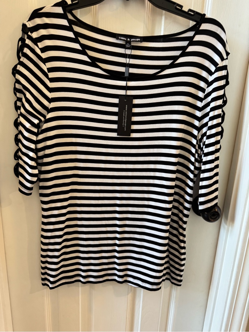 Cable & Gauge Black & White Striped Short Sleeve Top with Ruched Sleeves